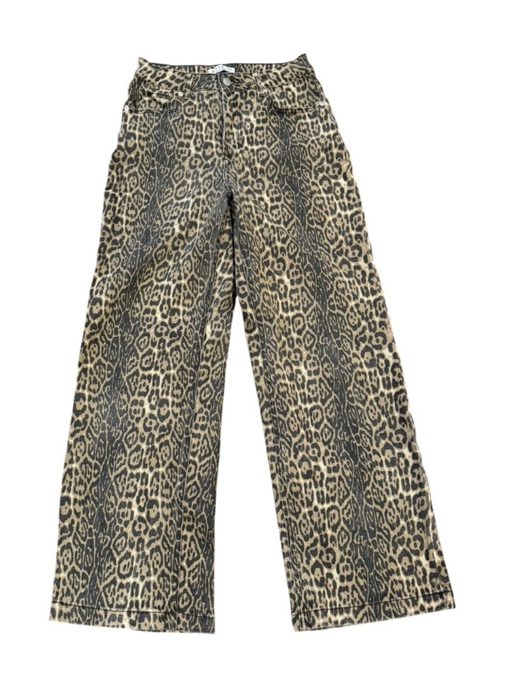 Ettelo Leopard Print Barrel Leg Denim Jeans Size 6 Animal Print Wide Leg